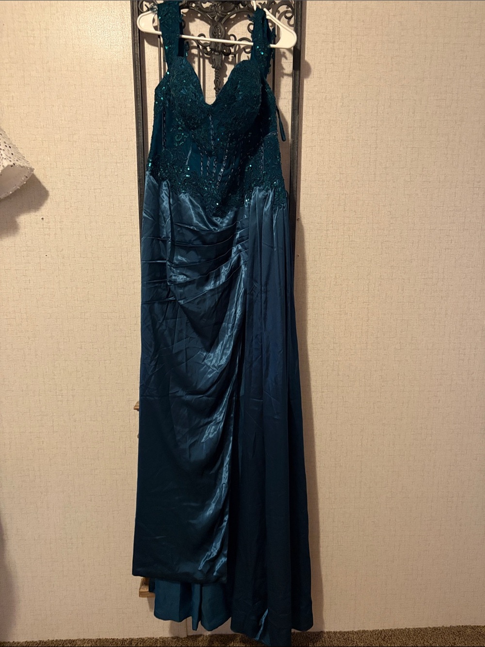 Teal Beaded Lace and Satin Prom Dress